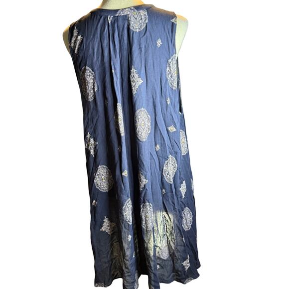 Free People Navy Blue Boho Sleeveless Swing Dress, Rayon Medallion Print, Large - Picture 7 of 10